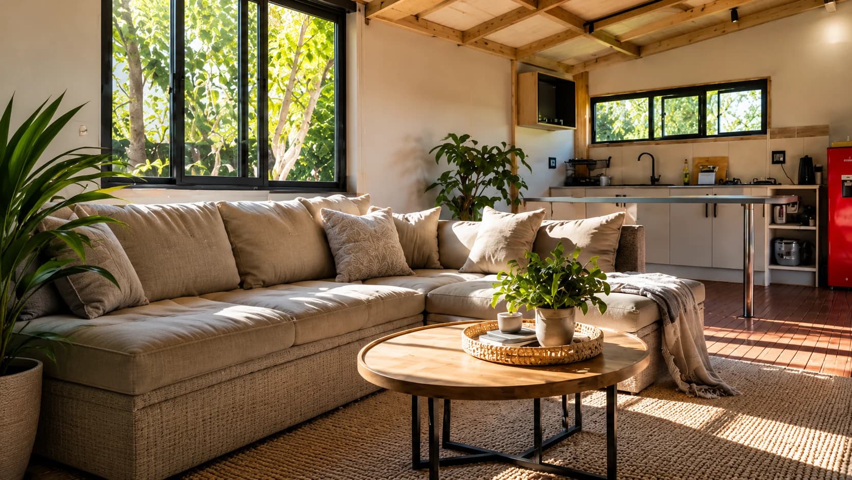 Sunlit open-plan living room and kitchen — approved presentation image